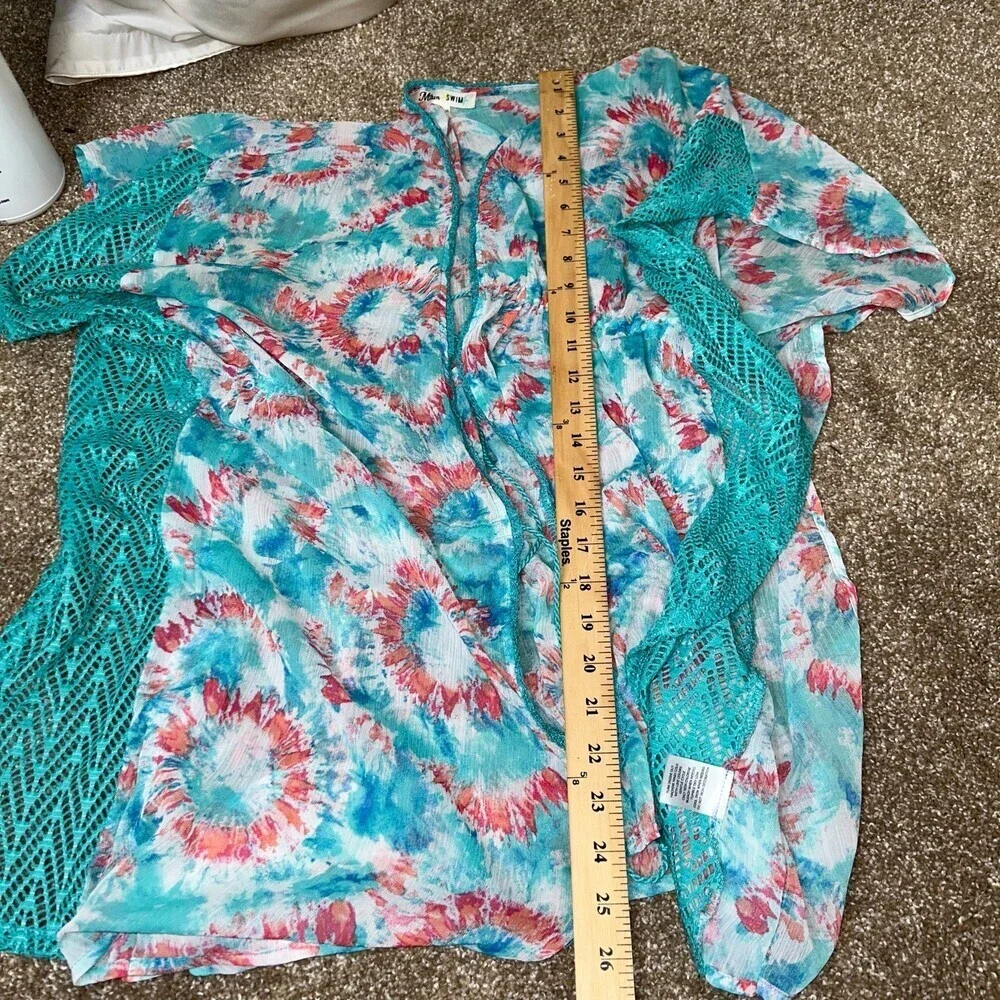 Miken Swim coverup open front single tassel tie dyed wide sleeve wide SZ SM teal
